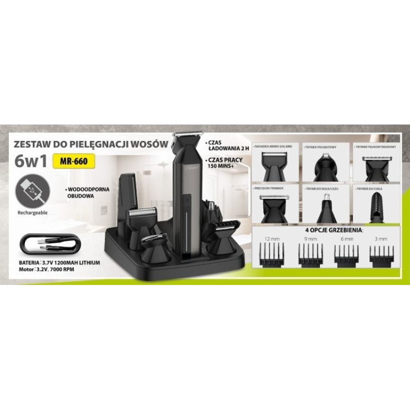 Zestaw do strzyżenia włosów 6w1 USB MAESTRO MR-660 Zestaw do strzyżenia włosów 6w1 USB MAESTRO MR-660