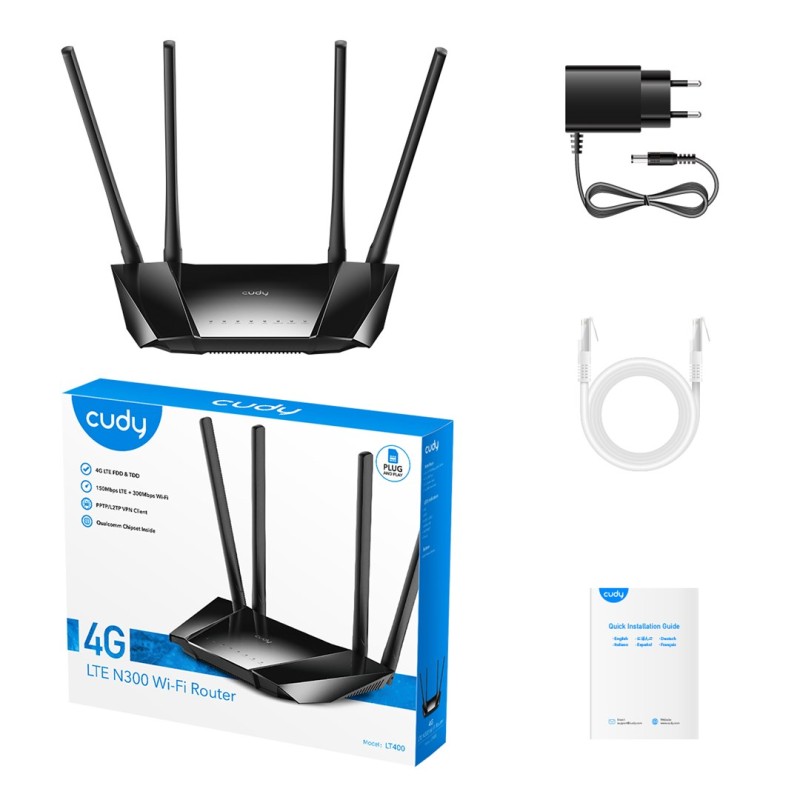 Wireless router CUDY LT400 EU Wi-Fi 300 Mbps 2.4 GHz 4G LTE SIM Black Wireless router CUDY LT400 EU Wi-Fi 300 Mbps 2.4 GHz 4G LTE SIM Black