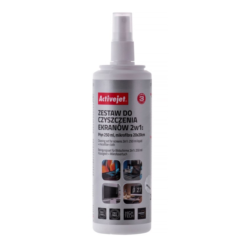 Activejet AOC-269 Liquid, Screen cleaning kit 2in1 250 ml, 20x20 cm, Screen cleaner, plastic cleaner and microfiber cleaning cloth 20x20 cm Activejet AOC-269 Liquid, Screen cleaning kit 2in1 250 ml, 20x20 cm, Screen cleaner, plastic cleaner and microfiber cleaning cloth 20x20 cm