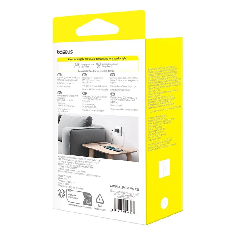 Baseus P10110909113-01 USB-C GaN5 mini 25W mains charger Black Baseus P10110909113-01 USB-C GaN5 mini 25W mains charger Black