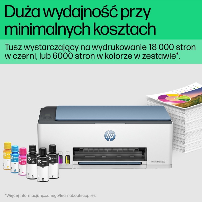 HP Smart Tank 585 All-in-One Printer, Home and home office, Print, copy, scan, Wireless; High-volume printer tank; Print from phone or tablet; Scan to PDF HP Smart Tank 585 All-in-One Printer, Home and home office, Print, copy, scan, Wireless; High-volume printer tank; Print from phone or tablet; Scan to PDF