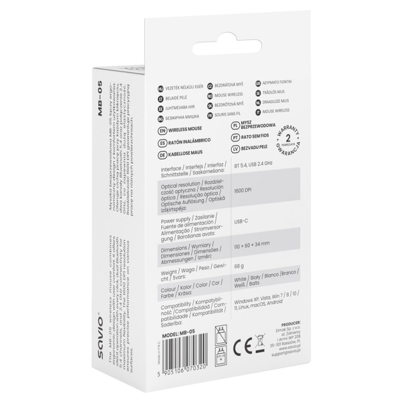 Savio MB-05 mouse Universal Ambidextrous Bluetooth 1600 DPI Savio MB-05 mouse Universal Ambidextrous Bluetooth 1600 DPI