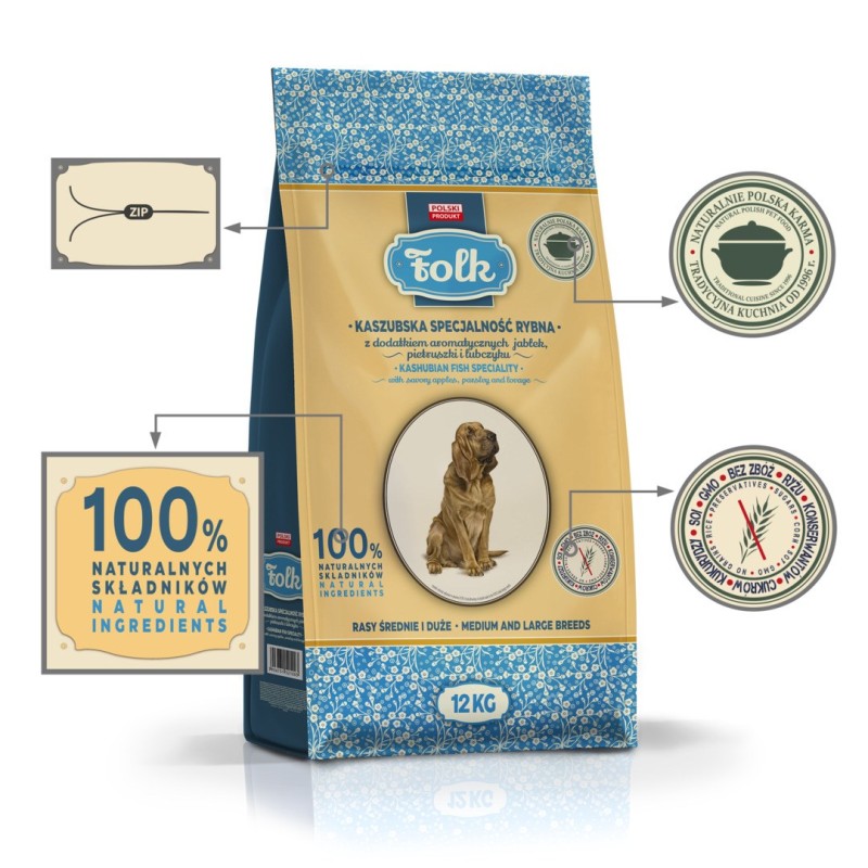 FOLK Medium and large breeds Kashubian-style fish specialty with apples, parsley and lovage - dry dog food - 12kg FOLK Medium and large breeds Kashubian-style fish specialty with apples, parsley and lovage - dry dog food - 12kg