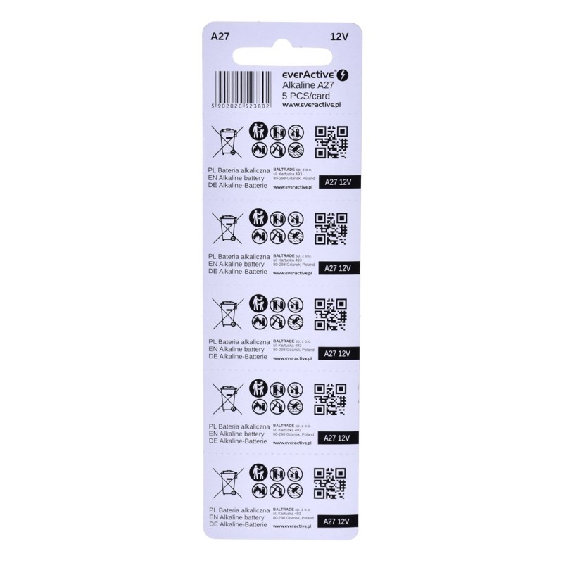 5 x alkaline batteries everActive 27A 12V- blister 5 pcs. 5 x alkaline batteries everActive 27A 12V- blister 5 pcs.
