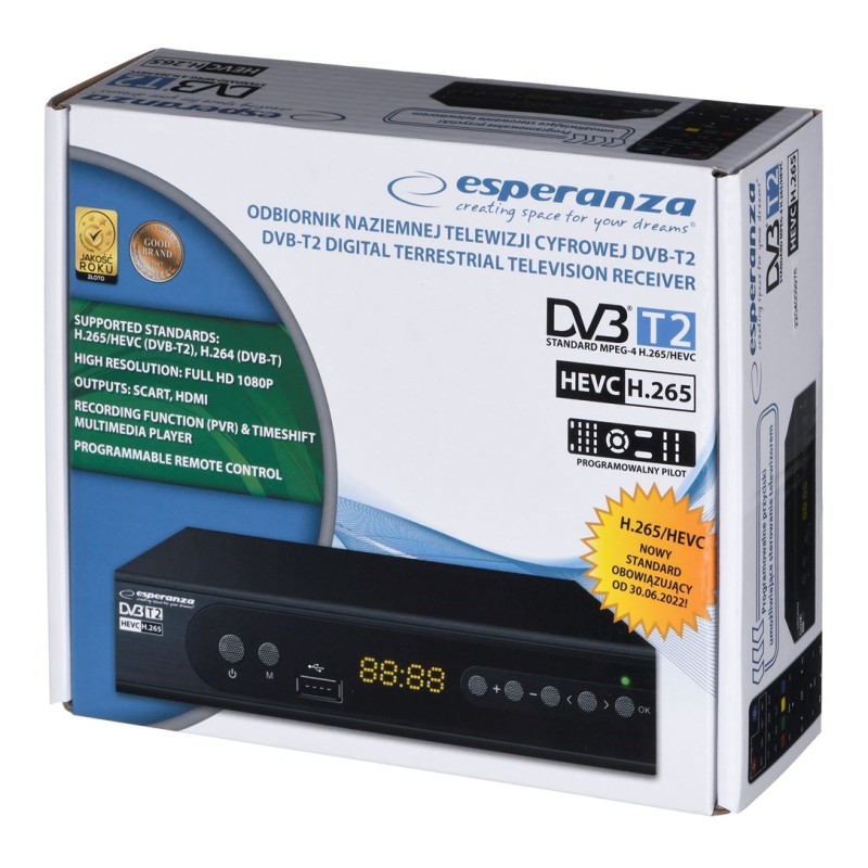 Esperanza EV106P Digital DVB-T2 H.265/HEVC tuner, Black Esperanza EV106P Digital DVB-T2 H.265/HEVC tuner, Black