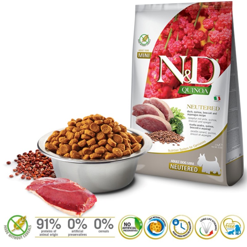 FARMINA N&D Quinoa Dog Duck, Broccoli, Asparagus Neutered Adult Mini - dry dog food - 2.5 kg FARMINA N&D Quinoa Dog Duck, Broccoli, Asparagus Neutered Adult Mini - dry dog food - 2.5 kg