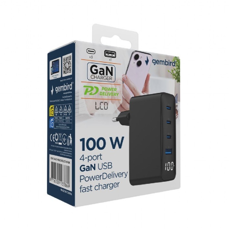 Gembird TA-UC-PDQC100LCD-01-BK mobile device charger Laptop, Smartphone Black AC Fast charging Indoor Gembird TA-UC-PDQC100LCD-01-BK mobile device charger Laptop, Smartphone Black AC Fast charging Indoor