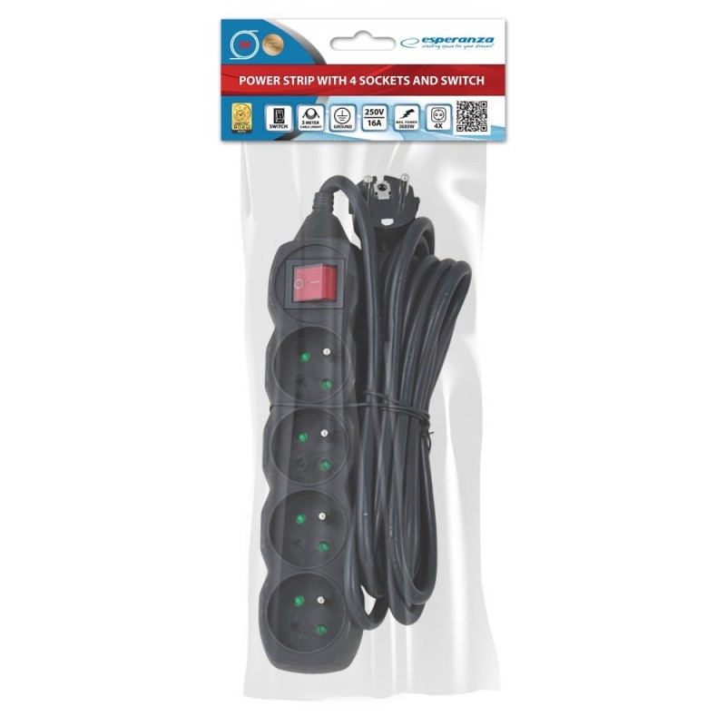Esperanza ELK213K Power strip 4GN/3M Black Esperanza ELK213K Power strip 4GN/3M Black