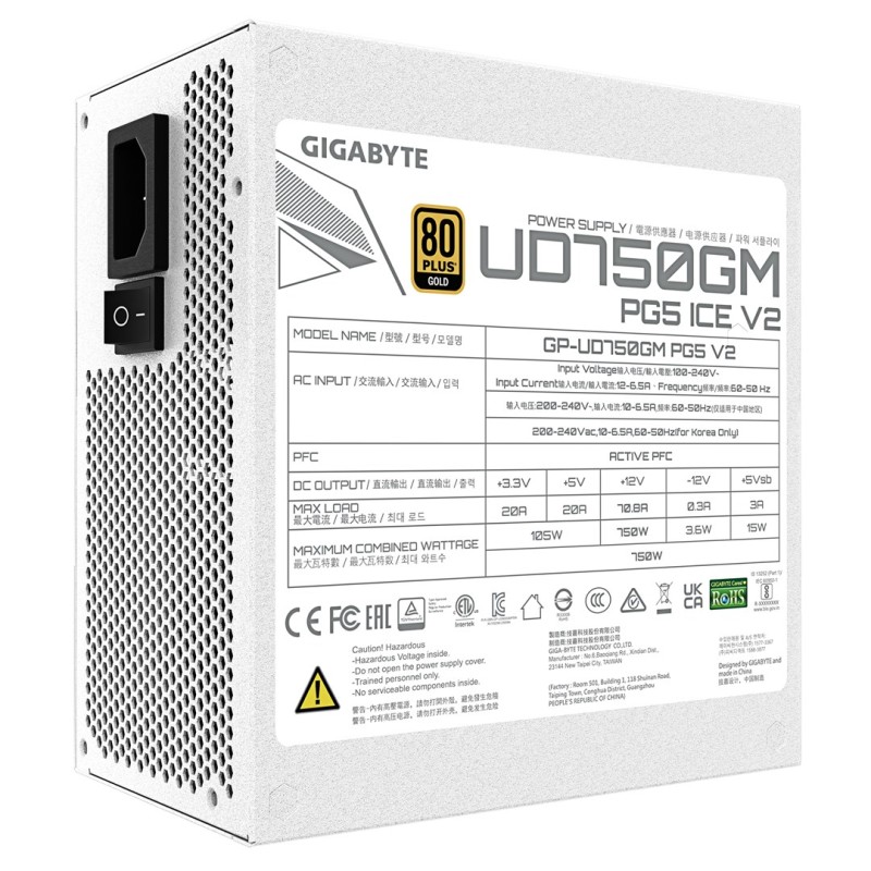 GIGABYTE UD750GM PG5 V2 ICE Power Supply Unit- PCIe Gen 5.1, 80 PLUS Gold, Fully Modular Design, 120mm Fan, ATX 3.1 compatible, EU Plug