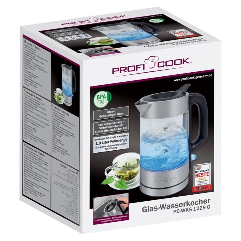 ProfiCook PC-WKS 1229 G electric kettle 1 L 1600 W Stainless steel, Transparent ProfiCook PC-WKS 1229 G electric kettle 1 L 1600 W Stainless steel, Transparent