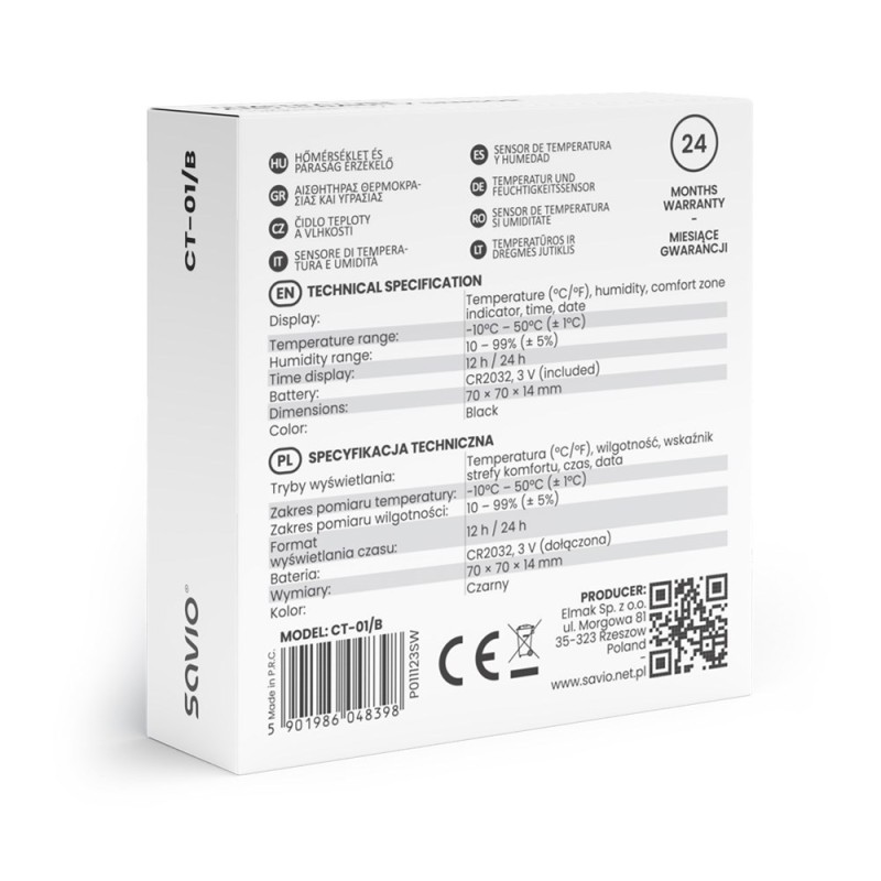 SAVIO Wireless weather station, temperature and humidity sensor, indoor use, LCD screen, clock, date, handle with magnet, CT-01/B Black SAVIO Wireless weather station, temperature and humidity sensor, indoor use, LCD screen, clock, date, handle with magnet, CT-01/B Black