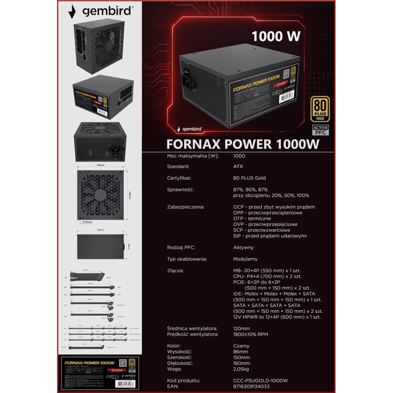 Gembird CCC-PSUGOLD-1000W Power supply unit Fornax Power 1000W active PFC 12cm fan 80+Gold