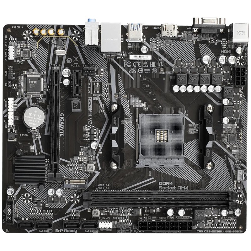 GIGABYTE A520M K V2 Motherboard - Supports AMD Ryzen 5000 Series AM4 CPUs, up to 5100MHz DDR4 (OC), PCIe Gen3 x4 M.2, GbE LAN, USB 3.2 Gen 1 GIGABYTE A520M K V2 Motherboard - Supports AMD Ryzen 5000 Series AM4 CPUs, up to 5100MHz DDR4 (OC), PCIe Gen3 x4 M.2, GbE LAN, USB 3.2 Gen 1
