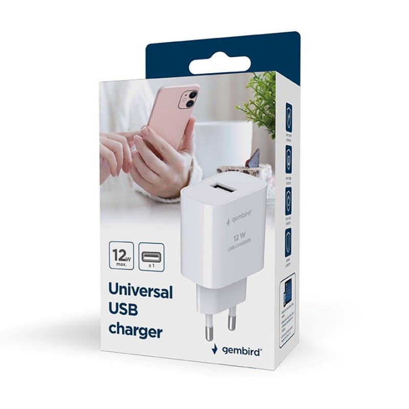 Gembird TA-UC-1A12-01 mobile device charger Smartphone, Smartwatch, Tablet White AC Indoor