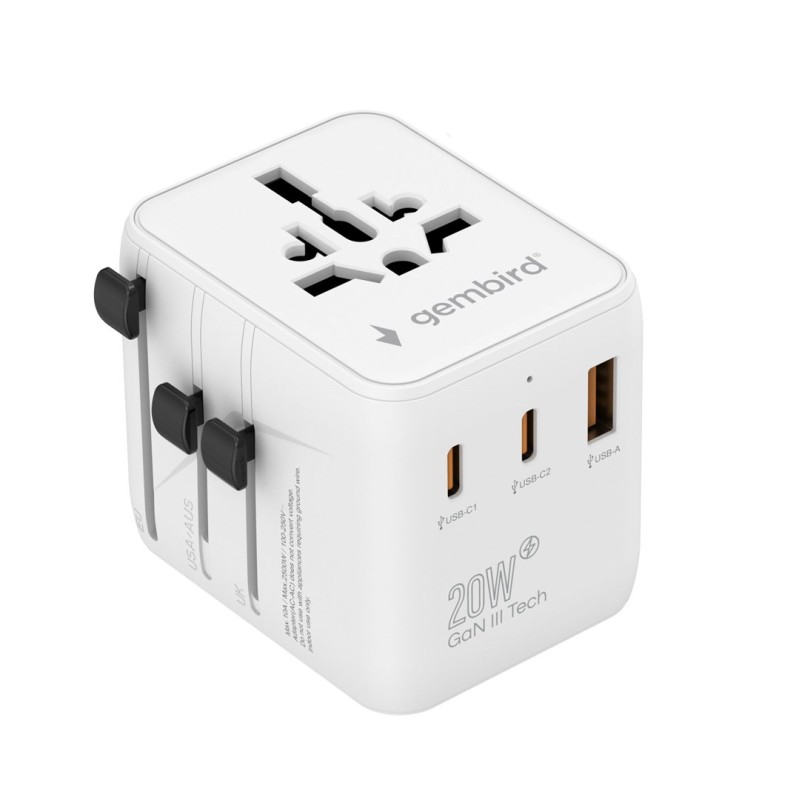 Gembird TPA-1A2C20-01-W Universal travel power adapter, 20 W, white