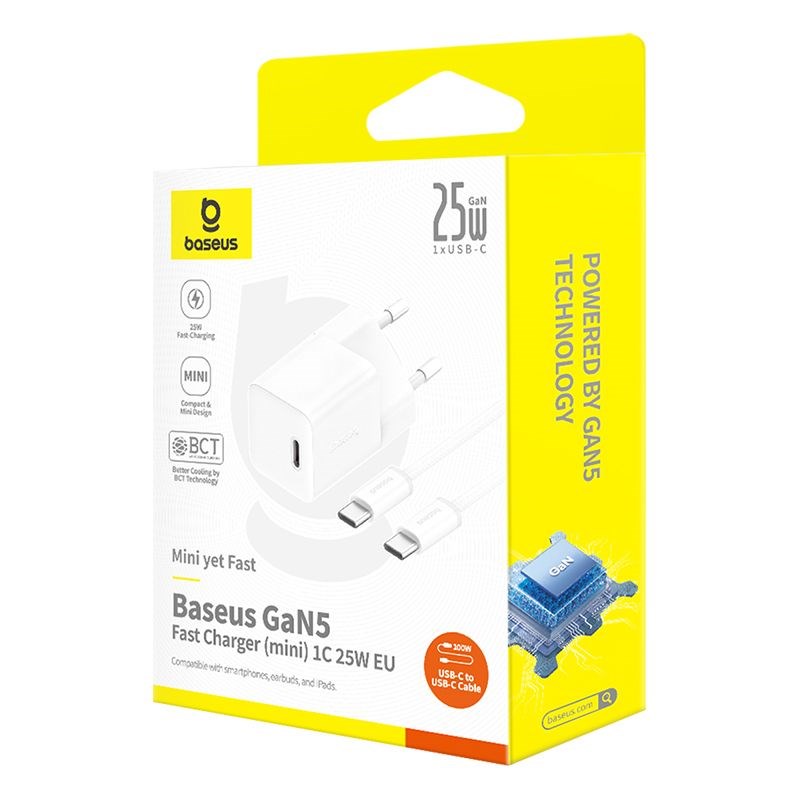 Baseus P10110909213-01 USB-C GaN5 mini 25W mains charger White Baseus P10110909213-01 USB-C GaN5 mini 25W mains charger White