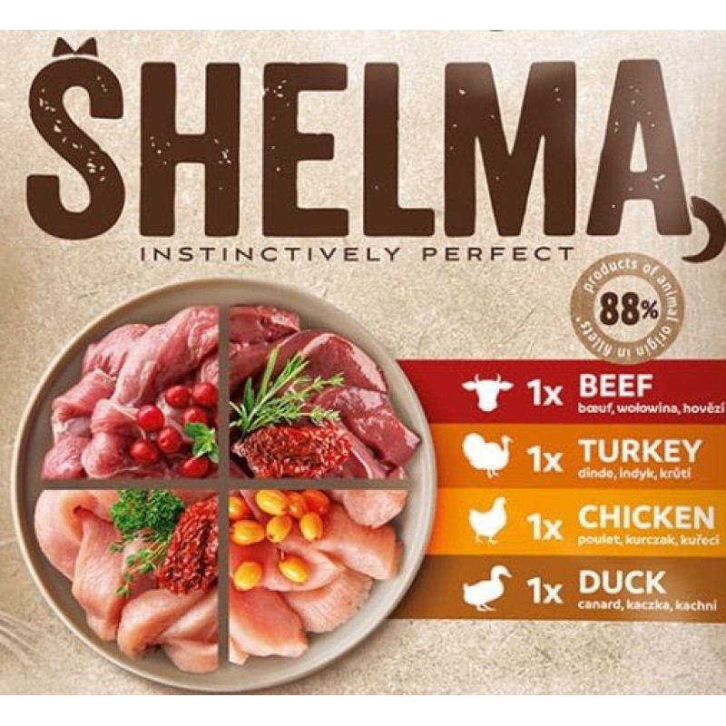 SHELMA Rich in chicken, turkey, beef and duck - wet cat food - 4x85g SHELMA Rich in chicken, turkey, beef and duck - wet cat food - 4x85g