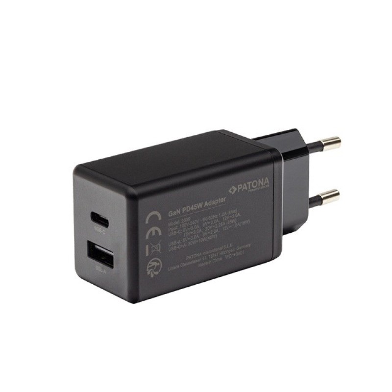 PATONA Premium Charger GaN PD45W 1xUSB-C 1xUSB-A PD3.0 QC3.0 Black PATONA Premium Charger GaN PD45W 1xUSB-C 1xUSB-A PD3.0 QC3.0 Black