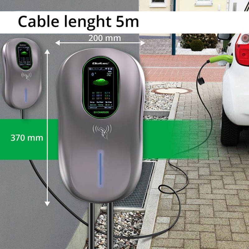 Qoltec 52430 EV Charging Station 2-in-1 Type2 | 22kW | Wi-fi| LCD | RFID | 3 phases | Wallbox | 5m