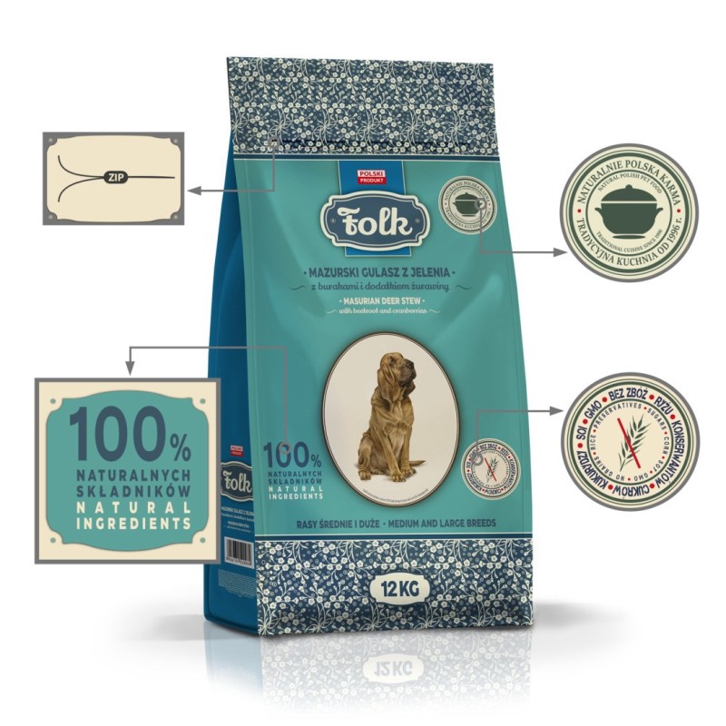 FOLK Medium and large breeds Traditional masurian venison stew with beets and cranberries - dry dog food - 12kg FOLK Medium and large breeds Traditional masurian venison stew with beets and cranberries - dry dog food - 12kg