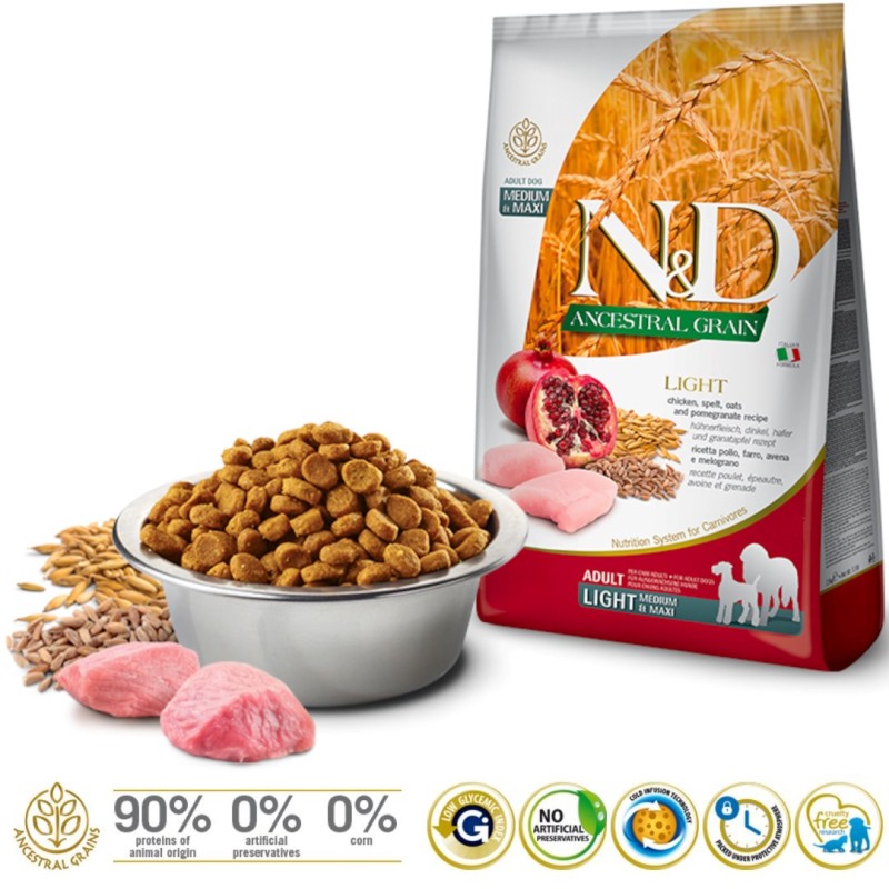 FARMINA N&D ANCESTRAL GRAIN DOG LIGHT - CHICKEN. SPELT.OATS AND POMEGRANATE ADULT MEDIUM & MAXI 12kg FARMINA N&D ANCESTRAL GRAIN DOG LIGHT - CHICKEN. SPELT.OATS AND POMEGRANATE ADULT MEDIUM & MAXI 12kg
