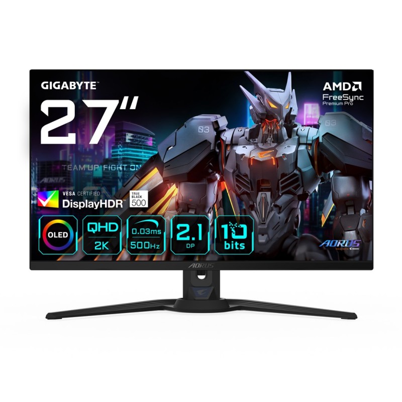 GIGABYTE AORUS FO27Q5P OLED QHD Gaming Monitor - 2560 x 1440, 500Hz, 0.03ms, KVM, 300 cd/m², FreeSync Premium Pro, DisplayHDR True Black 500, DisplayPort 2.1 GIGABYTE AORUS FO27Q5P OLED QHD Gaming Monitor - 2560 x 1440, 500Hz, 0.03ms, KVM, 300 cd/m², FreeSync Premium Pro, DisplayHDR True Black 500, DisplayPort 2.1