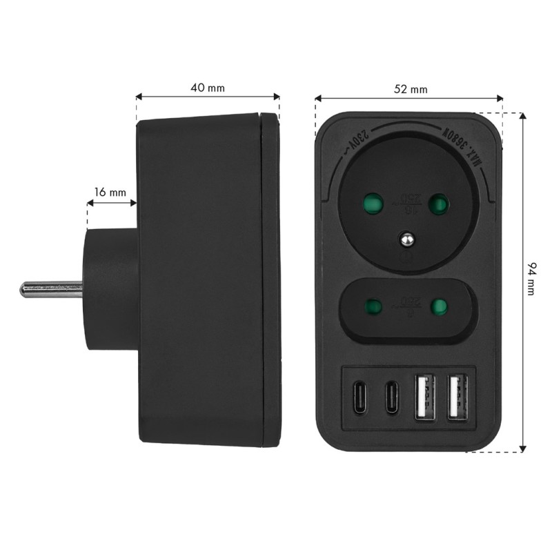 Maclean current socket x2 + 4xUSB, splitter with 2 sockets, 2xUSB A, 2xUSB C PD 20W, 1x16A + 1x6A, MCE249 F/B Maclean current socket x2 + 4xUSB, splitter with 2 sockets, 2xUSB A, 2xUSB C PD 20W, 1x16A + 1x6A, MCE249 F/B
