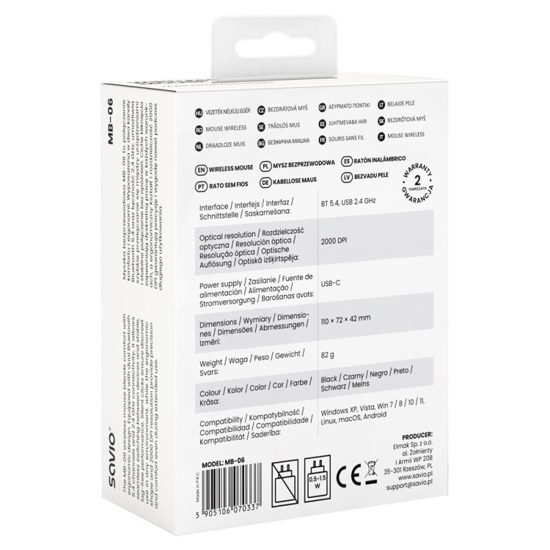 Savio MB-06 mouse Universal Ambidextrous Bluetooth 2000 DPI Savio MB-06 mouse Universal Ambidextrous Bluetooth 2000 DPI