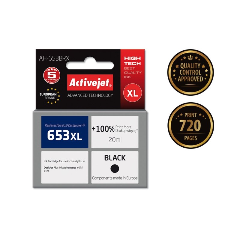 Activejet AH-653BRX ink (replacement for HP 653XL 3YM75AE; Premium; 720 pages; black) Activejet AH-653BRX ink (replacement for HP 653XL 3YM75AE; Premium; 720 pages; black)