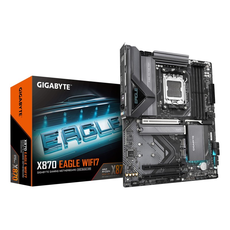 GIGABYTE X870 EAGLE WIFI7 Motherboard - Supports AMD Ryzen 9000 CPUs, 14+2+2 phases VRM, up to 8000MHz DDR5 (OC), 1xPCIe 5.0 + 2xPCIe 4.0, Wi-Fi 7, 2.5GbE LAN, USB 4 GIGABYTE X870 EAGLE WIFI7 Motherboard - Supports AMD Ryzen 9000 CPUs, 14+2+2 phases VRM, up to 8000MHz DDR5 (OC), 1xPCIe 5.0 + 2xPCIe 4.0, Wi-Fi 7, 2.5GbE LAN, USB 4