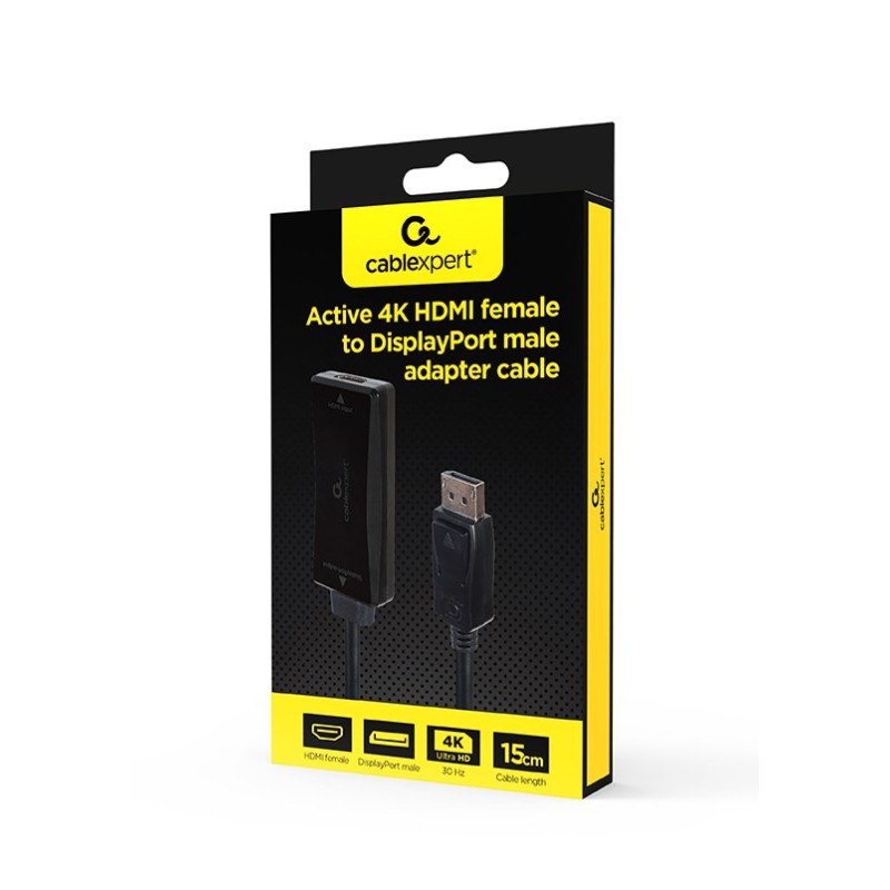 Gembird A-HDMIF30-DPM-01 Active 4K 30Hz HDMI female to DisplayPort male adapter cable, 0.15 m, black Gembird A-HDMIF30-DPM-01 Active 4K 30Hz HDMI female to DisplayPort male adapter cable, 0.15 m, black