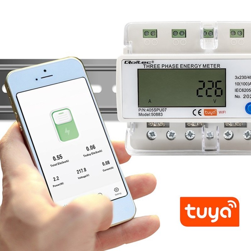 Qoltec 50883 Three phase electronic energy consumption meter for DIN rail | Wi-Fi | TUYA | 400V | LCD Qoltec 50883 Three phase electronic energy consumption meter for DIN rail | Wi-Fi | TUYA | 400V | LCD