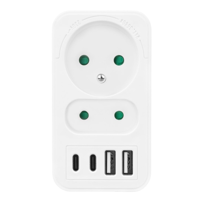 Current socket x2 + 4xUSB Maclean, splitter with 2 sockets, 2xUSB A, 2xUSB C PD 20W, 1x16A + 1x6A, MCE249 F/W