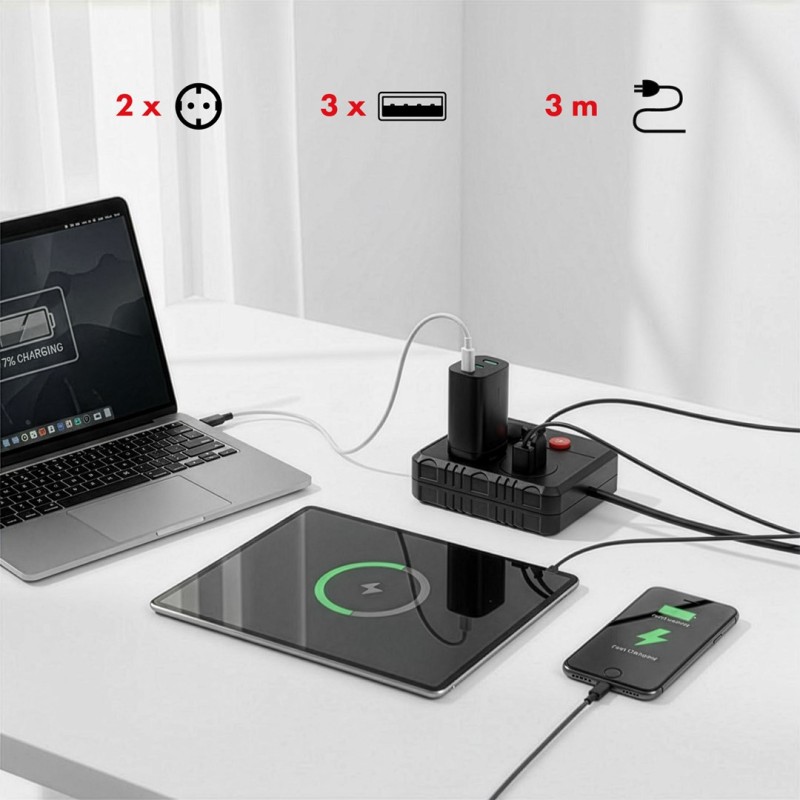 Maclean power strip, extender 2 sockets + 3xUSB, 110-240V AC 50/60Hz, 2.1A max 2500W, 3 m, black, MCE388 B Maclean power strip, extender 2 sockets + 3xUSB, 110-240V AC 50/60Hz, 2.1A max 2500W, 3 m, black, MCE388 B