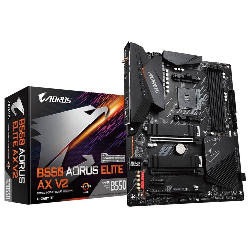 GIGABYTE B550 AORUS ELITE AX V2 Motherboard - Supports AMD Ryzen 5000 Series AM4 CPUs, 12+2 Phases Digital Twin Power Design, up to 4733MHz DDR4 (OC), 2xPCIe 3.0 M.2, WiFi 6E, 2.5GbE LAN, USB 3.2 Gen1 GIGABYTE B550 AORUS ELITE AX V2 Motherboard - Supports AMD Ryzen 5000 Series AM4 CPUs, 12+2 Phases Digital Twin Power Design, up to 4733MHz DDR4 (OC), 2xPCIe 3.0 M.2, WiFi 6E, 2.5GbE LAN, USB 3.2 Gen1