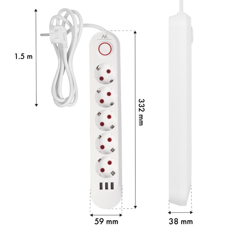 Maclean power strip, 5 socket extension + 3xUSB, 110-240V AC 50/60Hz, 2.1A max 2500W, 1.5m, white, MCE395 W Maclean power strip, 5 socket extension + 3xUSB, 110-240V AC 50/60Hz, 2.1A max 2500W, 1.5m, white, MCE395 W