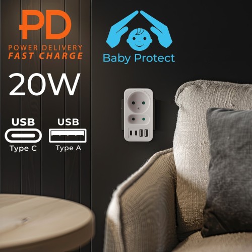 Current socket x2 + 4xUSB Maclean, splitter with 2 sockets, 2xUSB A, 2xUSB C PD 20W, 1x16A + 1x6A, MCE249 F/W Current socket x2 + 4xUSB Maclean, splitter with 2 sockets, 2xUSB A, 2xUSB C PD 20W, 1x16A + 1x6A, MCE249 F/W