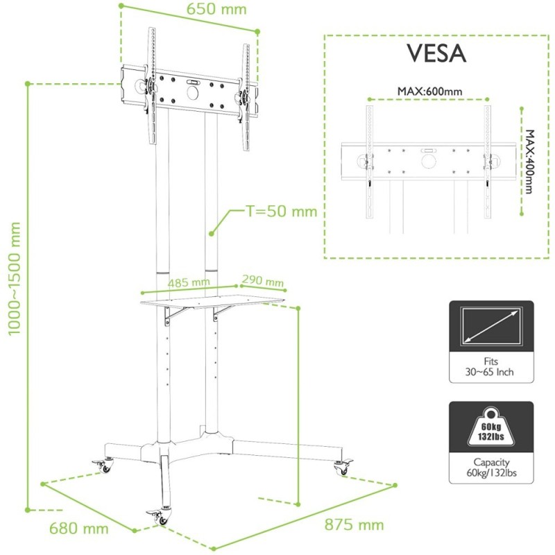 Techly Floor Trolley with Shelf Support LCD / LED / Plasma 30-65 Techly Floor Trolley with Shelf Support LCD / LED / Plasma 30-65
