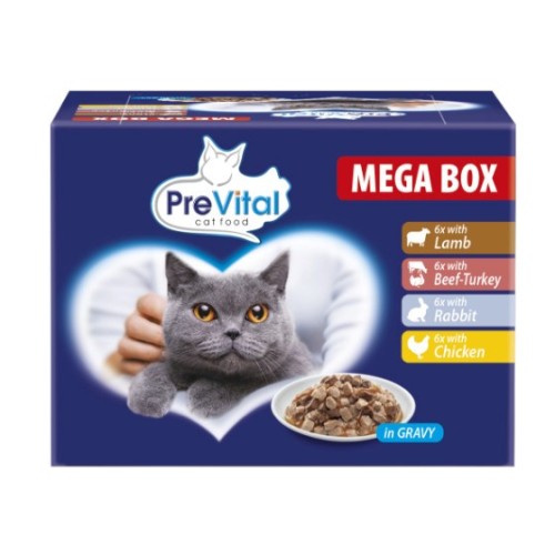 PREVITAL Cat Food Megabox with Lamb, Beef, Rabbit, and Chicken in Gravy - Wet Cat Food - 24 x 100g PREVITAL Cat Food Megabox with Lamb, Beef, Rabbit, and Chicken in Gravy - Wet Cat Food - 24 x 100g