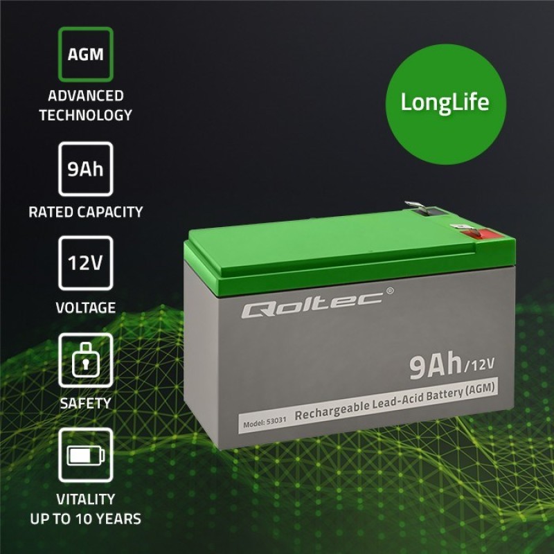 Qoltec 53031 AGM battery | 12V | 9Ah | max 135A Qoltec 53031 AGM battery | 12V | 9Ah | max 135A