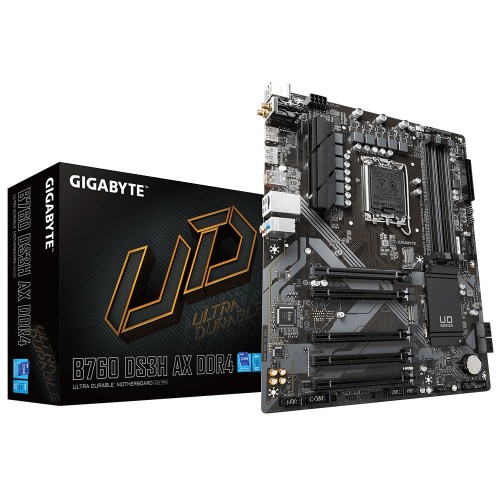 Gigabyte B760 DS3H AX DDR4 Motherboard - Supports Intel Core 14th CPUs, 8+2+1 Phases Digital VRM, up to 5333MHz DDR4 (OC), 2xPCIe 4.0 M.2, Wi-Fi 6E, GbE LAN, USB 3.2 Gen 2 Gigabyte B760 DS3H AX DDR4 Motherboard - Supports Intel Core 14th CPUs, 8+2+1 Phases Digital VRM, up to 5333MHz DDR4 (OC), 2xPCIe 4.0 M.2, Wi-Fi 6E, GbE LAN, USB 3.2 Gen 2