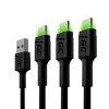 Green Cell Set 3x Ray USB-C 120cm Cable with green LED backlight, fast charging Ultra Charge, QC 3.0