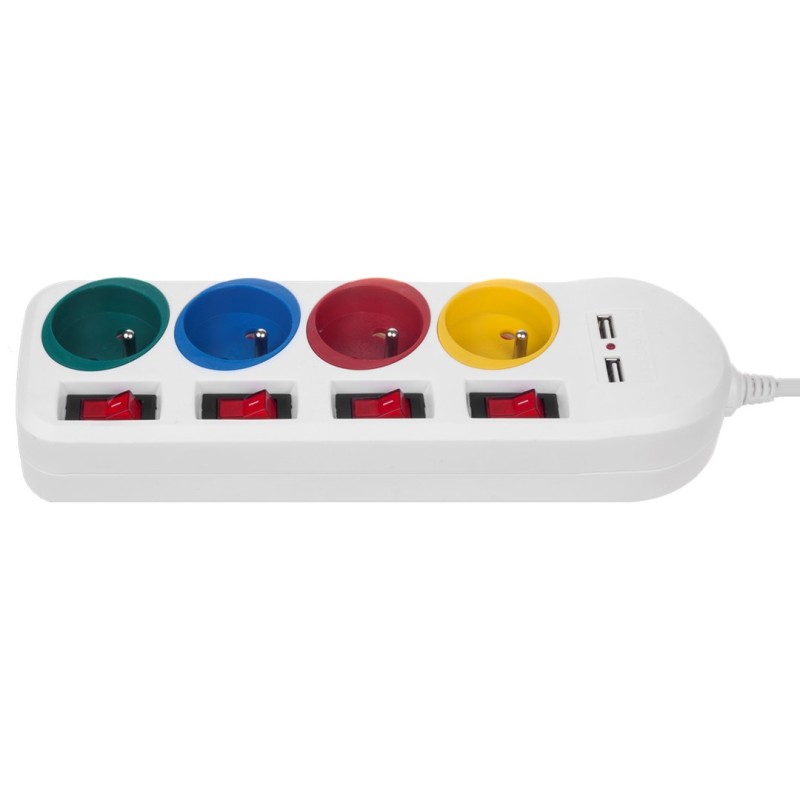 Maclean power strip, extender 4 sockets + 2xUSB, with switches, 250VAC/10A, 2.1A 5V, 1.5m, white, MCE229 W Maclean power strip, extender 4 sockets + 2xUSB, with switches, 250VAC/10A, 2.1A 5V, 1.5m, white, MCE229 W