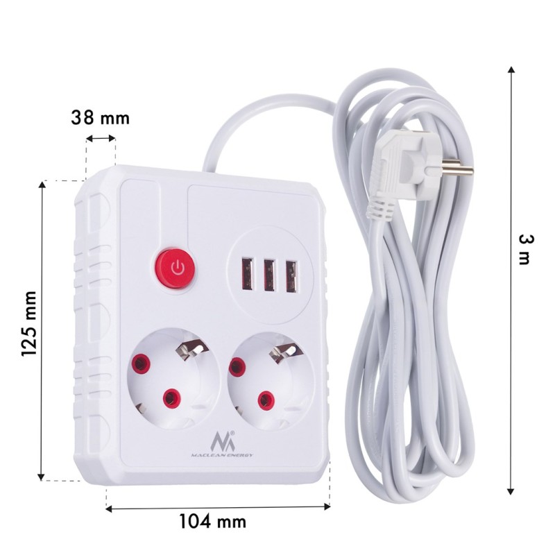 Maclean power strip, extender 2 sockets + 3xUSB, 110-240V AC 50/60Hz, 2.1A max 2500W, 3 m, white, MCE388 W