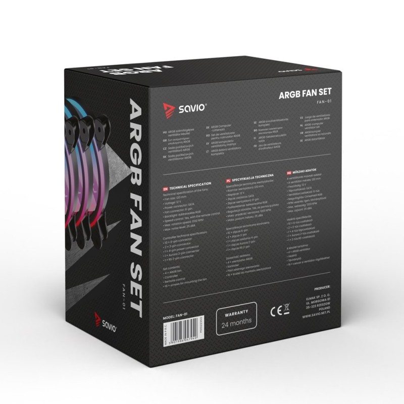 SAVIO FAN-01 4-pack 120mm ARGB fan including controller and remote control SAVIO FAN-01 4-pack 120mm ARGB fan including controller and remote control