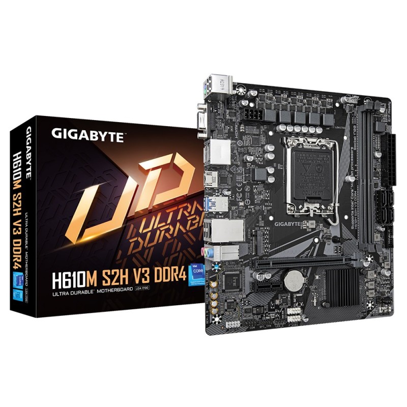 Gigabyte H610M S2H V3 DDR4 Motherboard - Supports Intel Core 14th CPUs, 4+1+1 Hybrid Digital VRM, up to 3200MHz DDR4, 1xPCIe 3.0 M.2, GbE LAN , USB 3.2 Gen 1