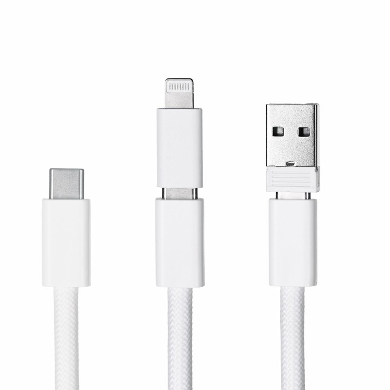 Activejet lanyard with 3-in-1 charging cable, white. Ends with various connectors: USB-C, Lightning adapter, USB-A Activejet lanyard with 3-in-1 charging cable, white. Ends with various connectors: USB-C, Lightning adapter, USB-A