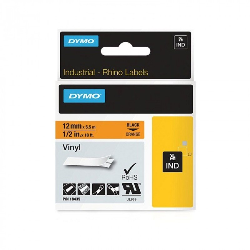 Dymo 18435 12mm x 5.5m orange/black printed vinyl tape Dymo 18435 12mm x 5.5m orange/black printed vinyl tape