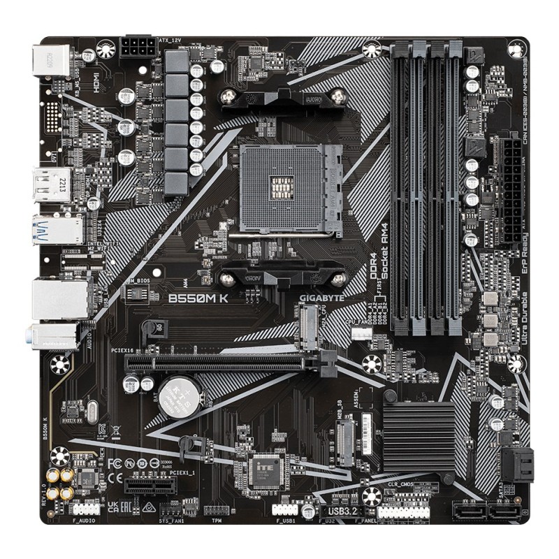GIGABYTE B550M K Motherboard - AMD Ryzen 5000 CPUs, up to 4733MHz DDR4, 1xPCIe 4.0 + 1xPCIe 3.0 M.2, 1GbE LAN, USB 3.2 Gen 1 GIGABYTE B550M K Motherboard - AMD Ryzen 5000 CPUs, up to 4733MHz DDR4, 1xPCIe 4.0 + 1xPCIe 3.0 M.2, 1GbE LAN, USB 3.2 Gen 1