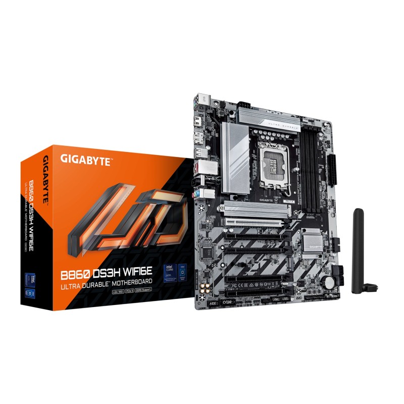 GIGABYTE B860 DS3H WIFI6E Motherboard - Intel Core Ultra Series CPUs, 8+1+2+2 Phases VRM, up to 9066MHz DDR5, 1xPCIe 5.0 + 1xPCIe 4.0 M.2, 2.5GbE LAN, WIFI 6E, USB 3.2 Gen 2x2 GIGABYTE B860 DS3H WIFI6E Motherboard - Intel Core Ultra Series CPUs, 8+1+2+2 Phases VRM, up to 9066MHz DDR5, 1xPCIe 5.0 + 1xPCIe 4.0 M.2, 2.5GbE LAN, WIFI 6E, USB 3.2 Gen 2x2